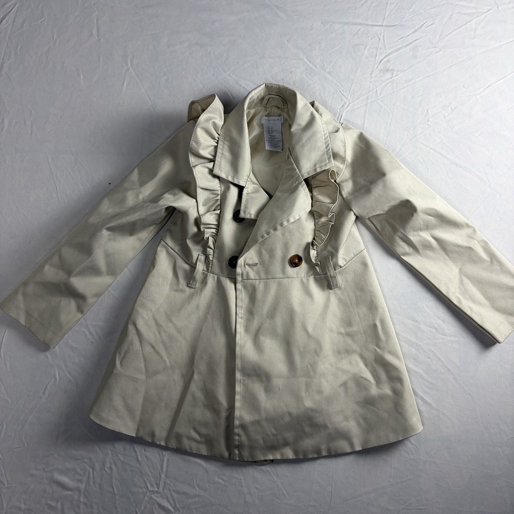 Tahari tan trench coat jacket long ruffled line button dressy belt Size 4T Girls